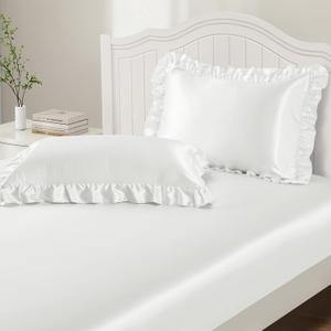 P Pothuiny 3-Piece Set Ruffle Satin Pillowcases & Full Fitted Sheet, Luxury Ivory White Satin Fitted Sheet Silky Soft Cute Bedding Bedroom Dorm Decor, 15 Inch Deep Pocket