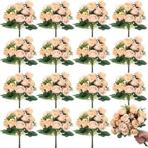 Zeyune 16 Bunches 12 Inch Artificial Mini Rose Bouquet 160 Heads Bridal Flower Bouquets Fake Silk Rose Bulk for Valentine's Day Wedding Bridal Shower Home Office Garden(Champagne)
