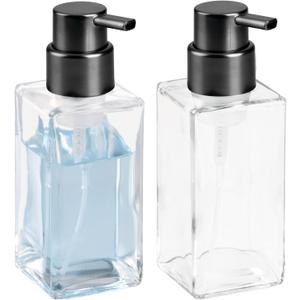 mDesign Glass Refillable Foaming Hand Soap Dispenser Modern Square Pump Bottle for Bathroom Vanities or Kitchen Sink, Countertops - 2 Pack - Clear/Black