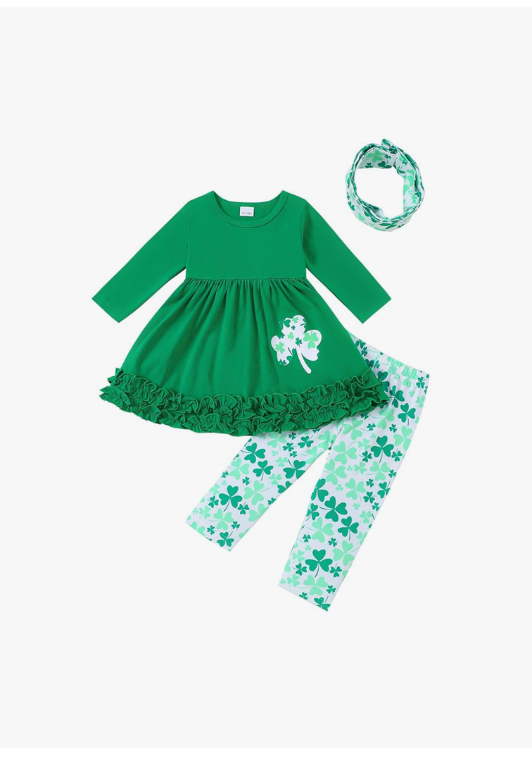Toddler Baby Girls St.Patrick's Day Outfits Long Sleeve Clover Dress Shirt Shamrock Print Pants Clothes Set,Size 3-4T
