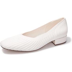 FUNKYMONEKY Women's Knit Chunky Low Heel Pumps Comfort Round Closed Toe Casual Dress Shoes (5.5, White)