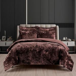 Fredsure Distressed Velvet Comforter Set, 5 Pieces Brown Queen, Distressed Velvet Face and Brushed Microfiber Reverse