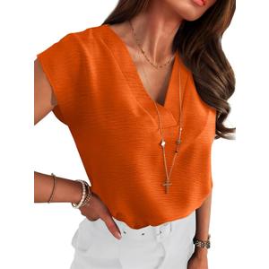 ANRABESS Women Tops Cap Sleeve Dressy Casual V Neck Shirts 2026 Summer Business Work Blouses Outfits Trendy Spring Clothing (Large, Orange)