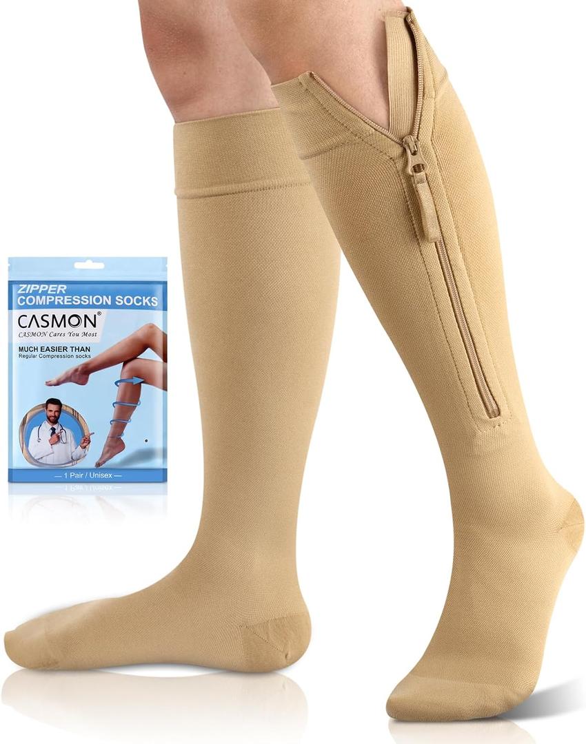 CASMON 15-20mmHg Zipper Compression Socks for Women and Men, Knee High Compression Stockings, Medical Closed Toe Support Socks for Varicose Veins, Post-Surgery, Swelling, Nurses, Pregnancy (1 Pair) (X-Large, Beige)