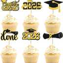 4 x Gold Graduation Cupcake Toppers 2026, 36pcs Glitter Cupcake Toppers for Class of 2026 Party Decoration Cap Diploma Done Congrats Grad Picks for Food Dessert Graduation Party Supplies