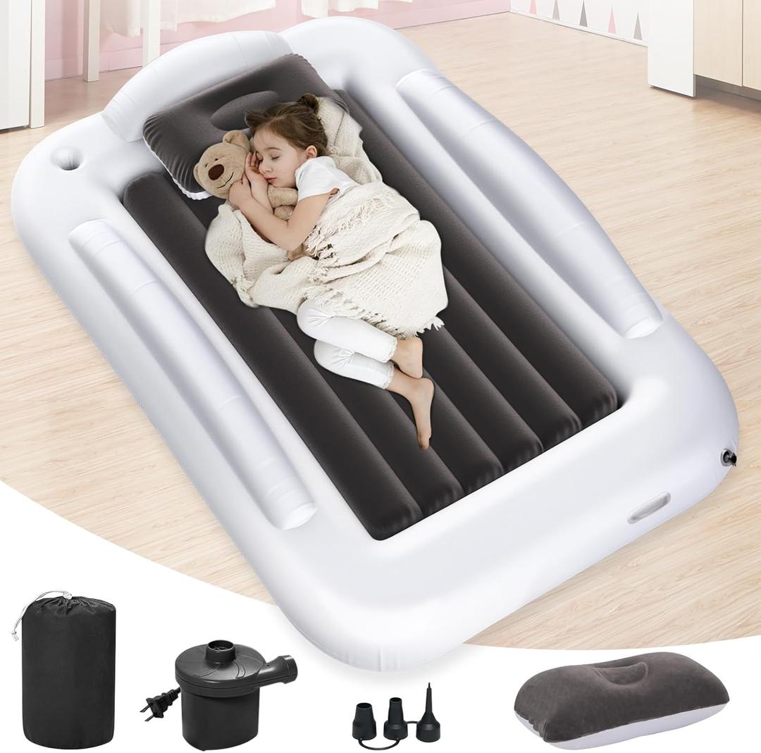 Inflatable Toddler Travel Bed - Portable Toddler Kids Travel Bed with Safety Sides Complete Kids Air Mattress Set with High-Speed Pump, Ideal for Vacation Camping and Sleepover (60 Inches)