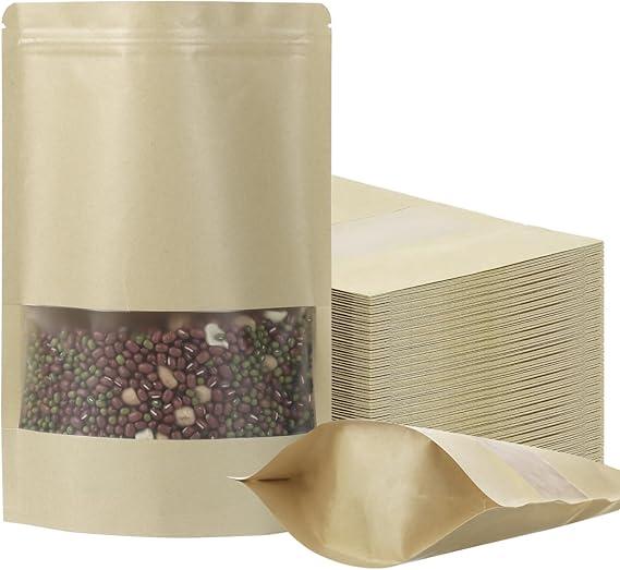 100 Pack Resealable Stand-up Storage Bags With Clear Window, Scratch Resistant (Kraft Pap, 710 Inch)