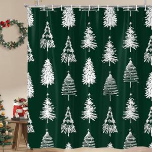 Christmas Tree Shower Curtain Green Background Bathroom Decorative Curtains, Winter Holiday Festival New Year Xmas Trees Shower Curtains, Waterproof Fabric Bathtub Curtains with Hooks 72"x78"