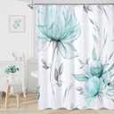 Teal Blue and Grey Boho Watercolor Floral Shower Curtain, Ink Painting Style Blossom & Leaf Shower Curtains for Chic Elegant Bathroom, Artistic Fabric Cloth Flower Shower Curtain, 72x72