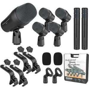 happymusic M7 Wired Drum Microphone Kit,7-Piece Full Metal Dynamic Mic-Kick Bass Snare and Cymbals,Use for Drums Vocal Other Instrument Complete with Thread Clip Inserts Mics Holders,Carrying Case