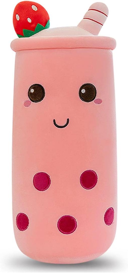 Rexinc Cute Plushies Plush Plushie Long Strawberry Pillow Bubble Tea Stuffed Animal Gift for Kids Adults (Pink Plush,16 Inch)