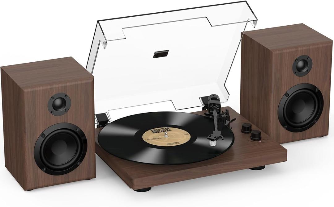 RetroAudio Vinyl Record Player with 24W Bookshelf Speakers, HiFi System Turntable for Viny Records, Vintage Vinyl Player with Magnetic Cartridge, BT in&Out, RCA Out, Auto Stop, 33/45RPM (Brown)