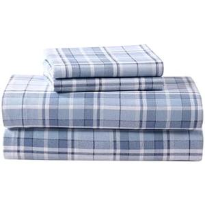 Laura Ashley - Flannel Sheets Full Size, Anti-Pilling & Wrinkle Resistant Cotton, Touchably Soft for All-Season Comfort - Bed Sheets with Matching Pillowcases & Fitted Sheet (Mulholland Plaid Blue)