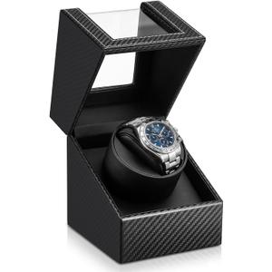 Single Watch Winder, Automatic Watch Winder Box with Japanese Quiet Motor USB-C, Anti-Magnetic Watch Case in Black Carbon Fiber Leather, Gift for Men Collectors Lovers