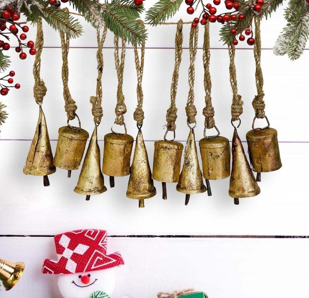 Mie Creations Set of 10 Rustic Vintage Christmas Bells, Tin Bells on Jute Rope, Decorative 2.5in Jingle Bells for Crafts, Christmas Tree Ornaments, Handmade Metal Hanging mini Cowbells- Antique Gold