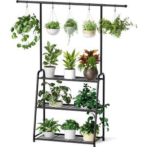 3-Tier Metal Plant Stand for Indoor and Outdoor Use, Hanging Plant Shelf for Multiple Flower Planter Holder, Tall Large Rack Ideal for Living Room, Garden, Balcony, Black