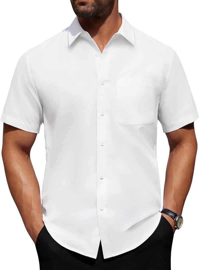 Alimens & Gentle Mens Short Sleeve Dress Shirt Wrinkle Free Solid Casual Button Down Shirts for Summer Business Wedding (Medium, White)