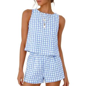 IDEALSANXUN Womens Two Piece Sets Summer Beach Spring Gingham Tank Tops and Plaid Shorts Pajama Sets (Blue, XL)