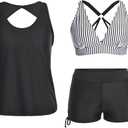 Yonique 3 Piece Tankini Swimsuits for Women Swim Tank Top Bathing Suits with Boy Shorts and Bra Athletic Swimwear (X-Small, Black and Striped)