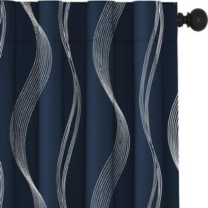 Deconovo Blackout Back Tab Curtains with Geometric Pattern, Room Darkening, Heat Blocking, Energy Saving Drapes for Bedroom, Living Room, 2 Panels, Navy Blue, 42W x 63L Inch, Wave Stripe