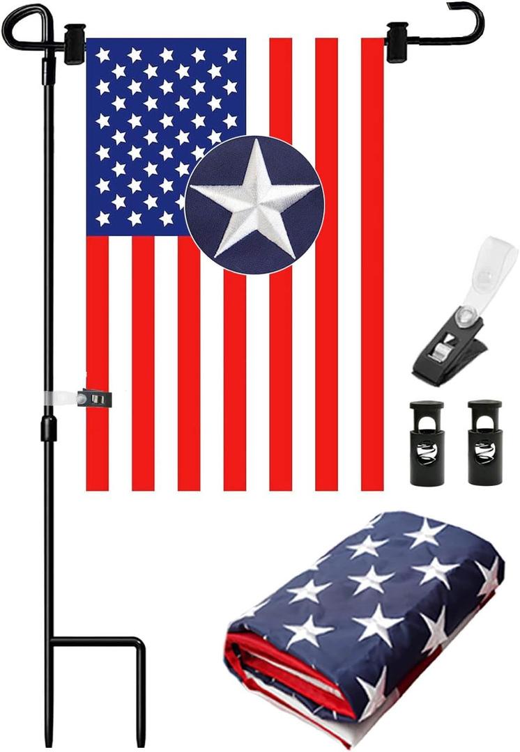 Garden Flag Stand with 12 x 18 Inches American Flags, Garden Flag Pole Holder with 1 Tiger Clip and 2 Spring Stoppers for Garden Flags Outdoor Decoration