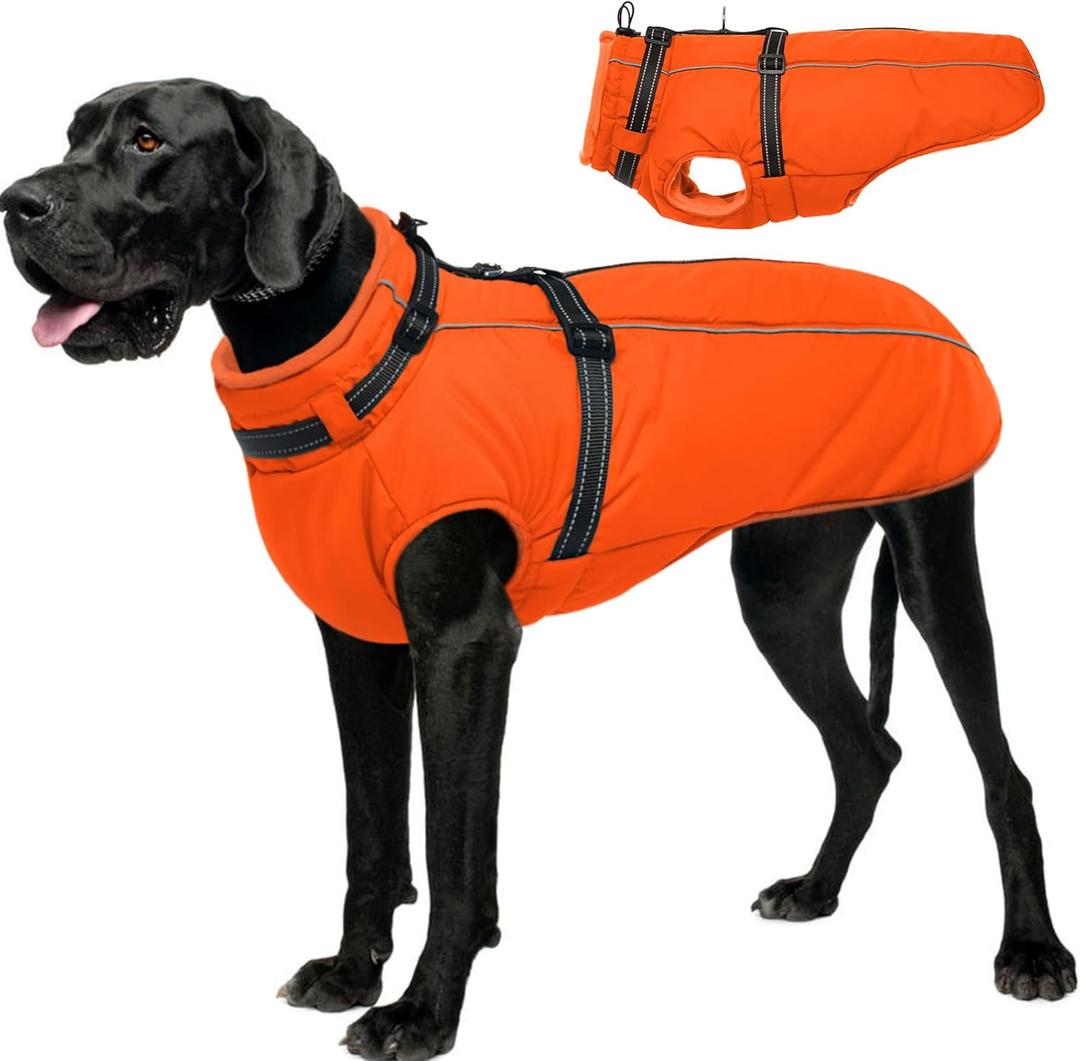 Lelepet Dog Winter Coat Waterproof Dog Jacket with Harness Built in Windproof Reflective Pet Coats for Small Medium Large Dogs, Thermal Fleece Lined Coats for Cold Weather Walking Hiking, Orange, XXL
