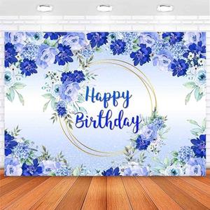 Ayayiya Blue Floral Birthday Backdrop Royal Blue Flower Gold Loops Happy Birthday Photography Background Women Girls Birthday Party Decorations Banner for Cake Table Supplies 7x5ft