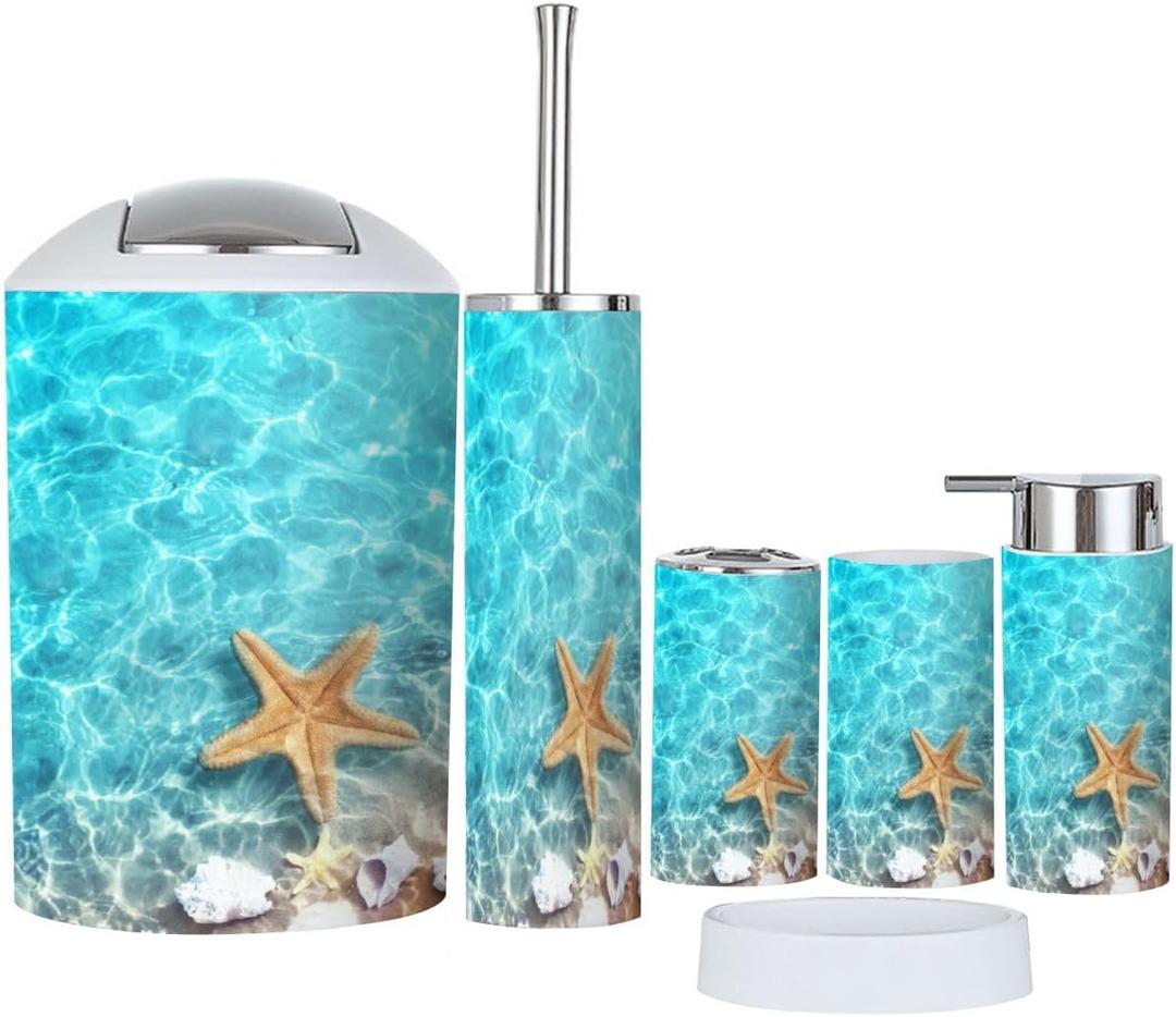 Bathroom Accessory Set 6 Piece Starfish Seashell Summer Beach sea Water Summer Toothbrush Holder, Toothbrush Cup, Soap Dispenser, Soap Dish, Toilet Brush Holder, Trash can (Multi7) Bathroom Accessory Set 6 Piece Starfish Seashell Summer Beach sea Water Summer Toothbrush Holder, Toothbrush Cup, Soap Dispenser, Soap Dish, Toilet Brush Holder, Trash can (Multi7)