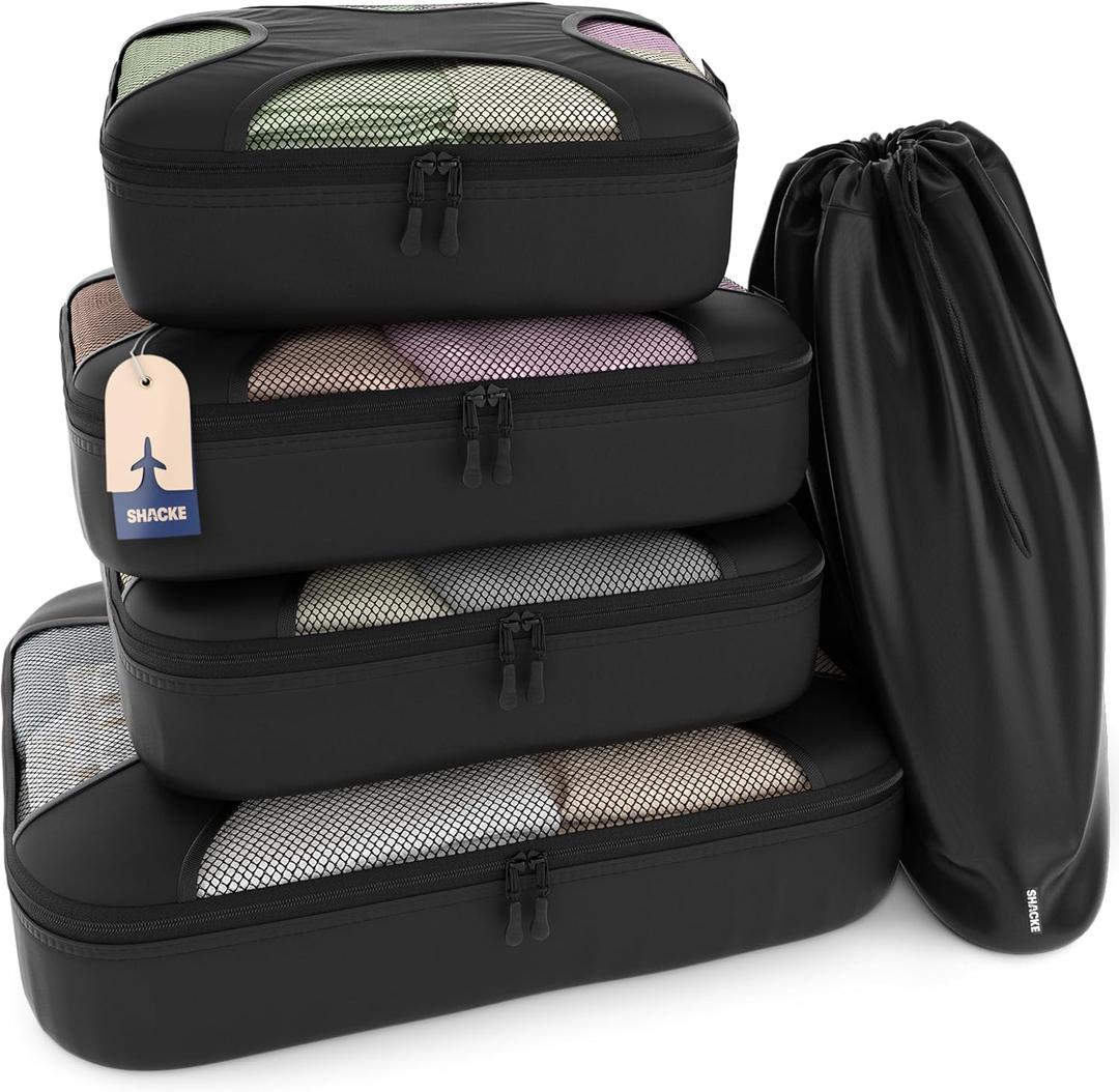 Shacke Packing Cubes for Travel 5 Set - Luggage Organizer Bags for Suitcase - 4 Cubes + Laundry Bag - Water-Resistant Nylon - Pure Black