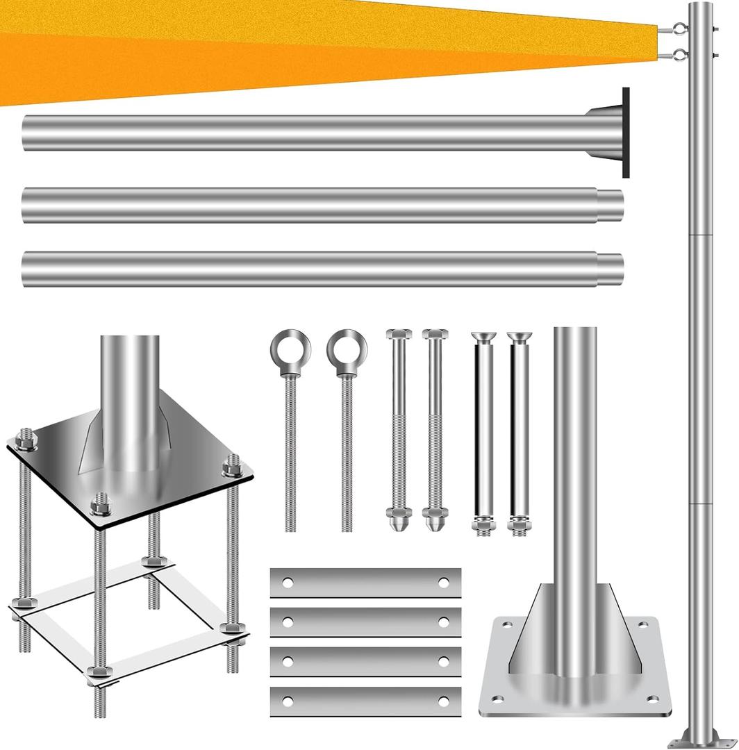 Sun Shade Sail Pole, 110 inch Sunshade Poles, Shade Cloth Canopy Stainless Steel Post for Deck, Patio, Backyard, In Ground, Outdoor, Homes, Yard, Gardens, Light String Pole with Base Plate