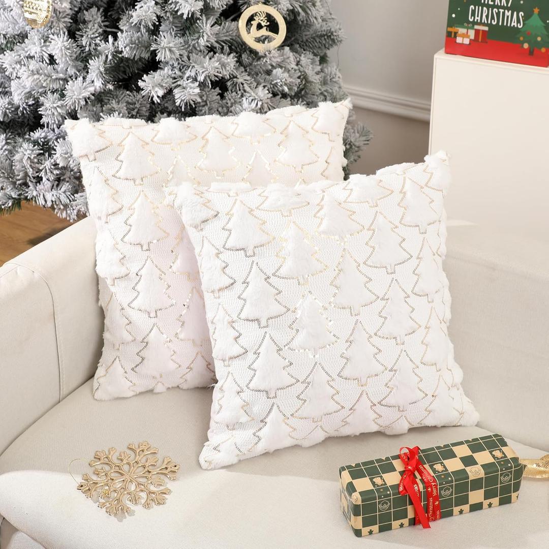 Christmas Pillow Covers 18x18 inch Set of 2,Christmas Pillows Tree White Faux Fur Throw Pillow Covers,Winter Holiday Farmhouse Cushion Case Decoration for Sofa Couch