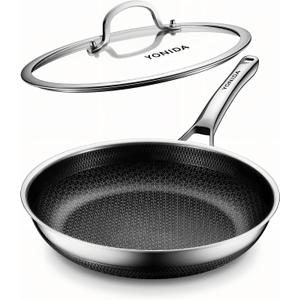 Yonida Non Stick Frying Pans, 12-inch with Lid, Nonstick Hybrid Fajita Pans, Stainless Steel Skillets, Dishwasher & Oven-Safe, PFOA Free Cookware, Induction Compatible Cooking Pan