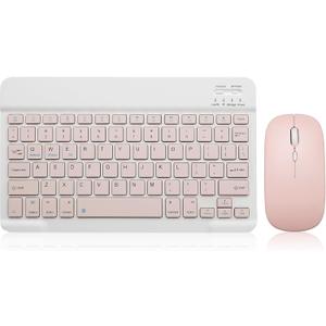 Bluetooth Keyboard and Mouse Combo Rechargeable Portable Wireless Keyboard Mouse Set for Apple iPad iPhone iOS 13 and Above Samsung Tablet Phone Smartphone Android Windows (10 inch Pink)