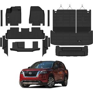Floor Mats & Cargo Mat with Backrest Mat Custom for Nissan Pathfinder 2022-2025 2026 7&8 Seats, Door Sill Guards, All Weather TPE Full Set Floor Liners Trunk Mat for Pathfinder 2025 Accessories