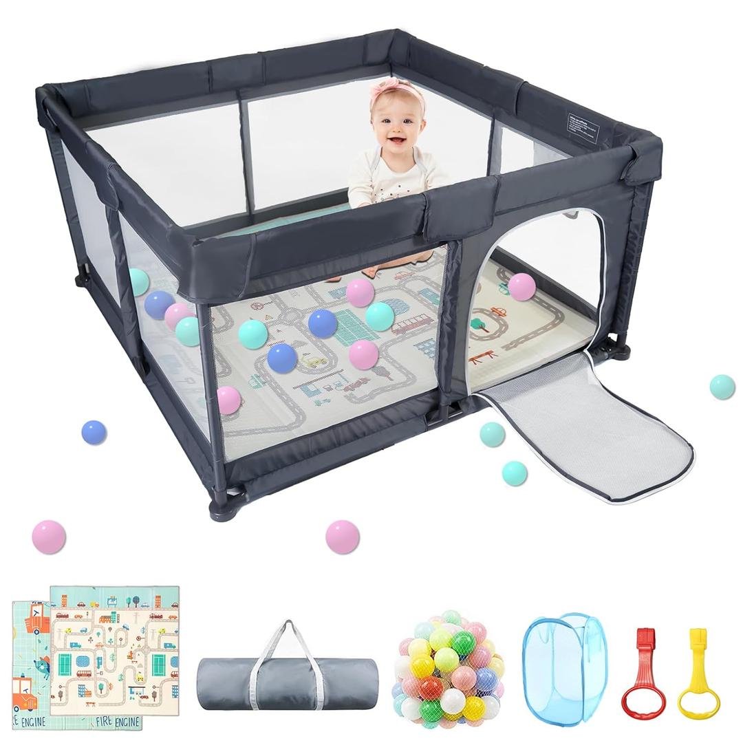 Baby Playpen 50" x 50", Baby Play Pen with Mat Portable Playpen for Babies and Toddlers for Indoor & Outdoor, Sturdy Safety Play Yard with Soft Breathable Mesh, Anti-Fall - DK. Grey (50"x50"+Mat)