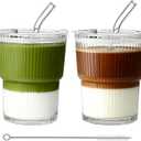 Ribbed Glass Tumbler with Lid and Straws, Resuable Ice Coffee Cups, To Go Iced Coffee Cups for Water, Smoothie, Matcha, Iced Tea Fruit Juice, Clear, 13oz, Set of 2