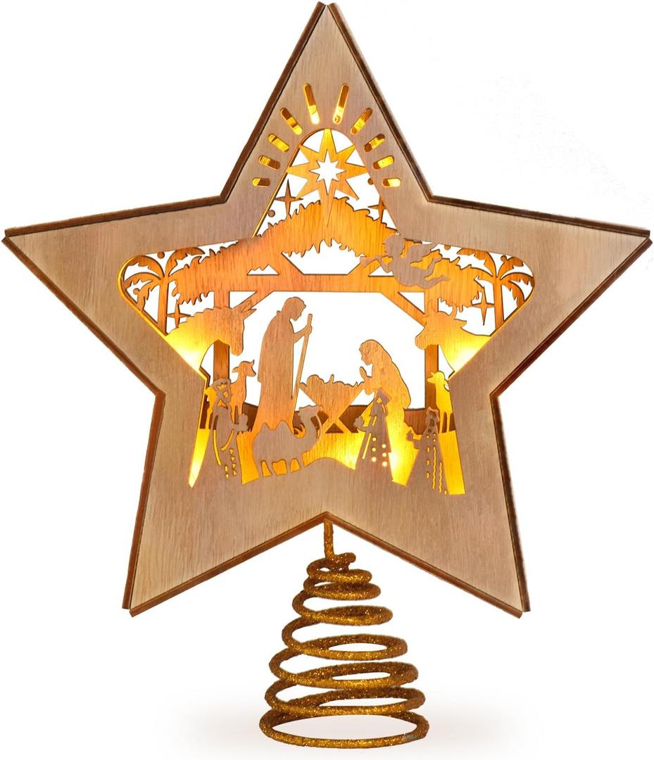 GHOSTMAGIC 3D Wooden Nativity Christmas Tree Star Topper Lighted, LED Xmas Decor Ornaments for Indoor