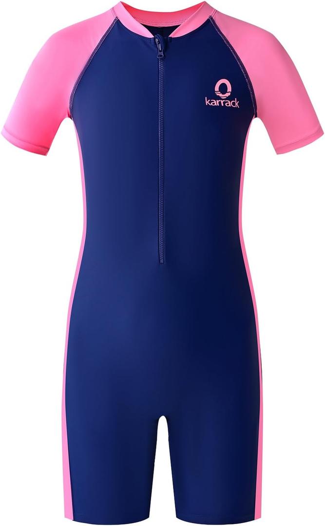 karrack Girls and Boys One Piece Rash Guard Swimsuit Kid Water Sport Short Swimsuit UPF 50+ Sun Protection Bathing Suits (6-7 Years, Blue-pink)