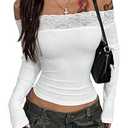 Women's Lace Off The Shoulder Tops Long Sleeve y2k T Shirts Fitted Crop Tops, Size XXS