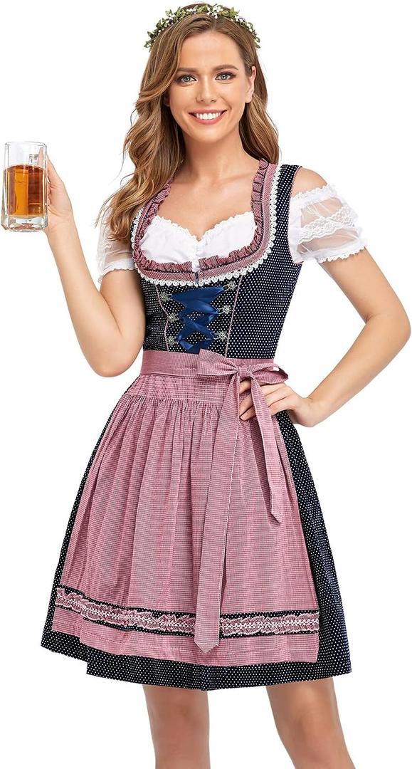 HiZiTi Oktoberfest Costumes Women Dirndl Dresses 3 Pcs German Oktoberfest Dress Bavarian Blue Dress White Blouse Pink Apron (Blue, L)