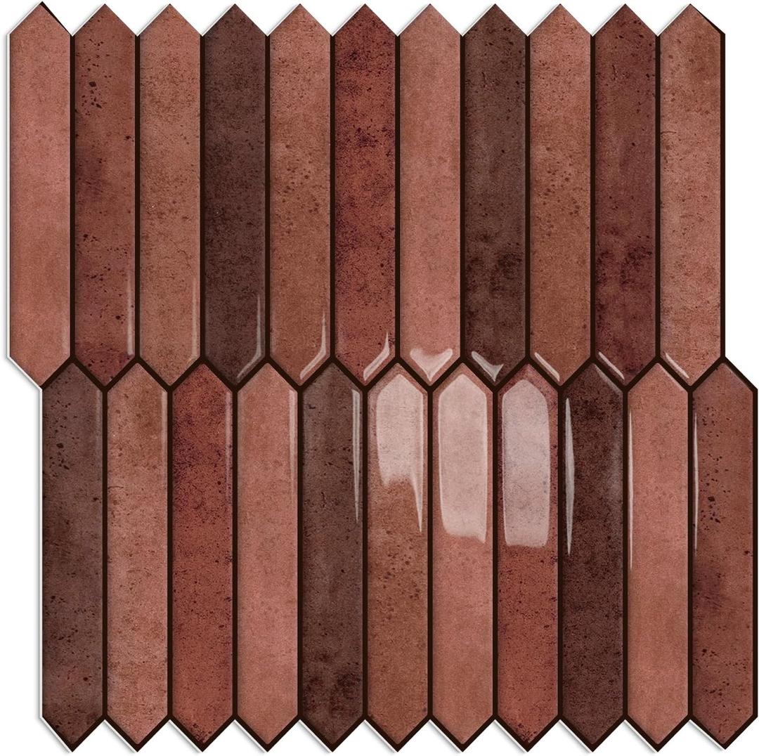 10 Sheet Long Hexagon Peel and Stick Backsplash Tile, 12"x12" 3D Adhesive Glossy Marble Vinyl Stick on Wall Tiles for Bathroom, Kitchen, Living Room (Brown, 12" x 12")