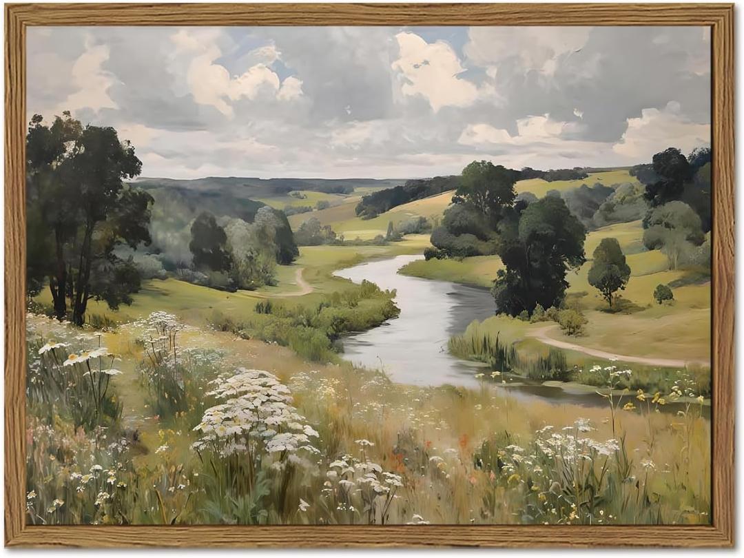Vintage Landscape Wall Art, Rustic River Wall Decor Painting Retro Cottagecore Poster Canvas Prints Picture for Living Room Bedroom Farmhouse 16x24 inch Wood Framed