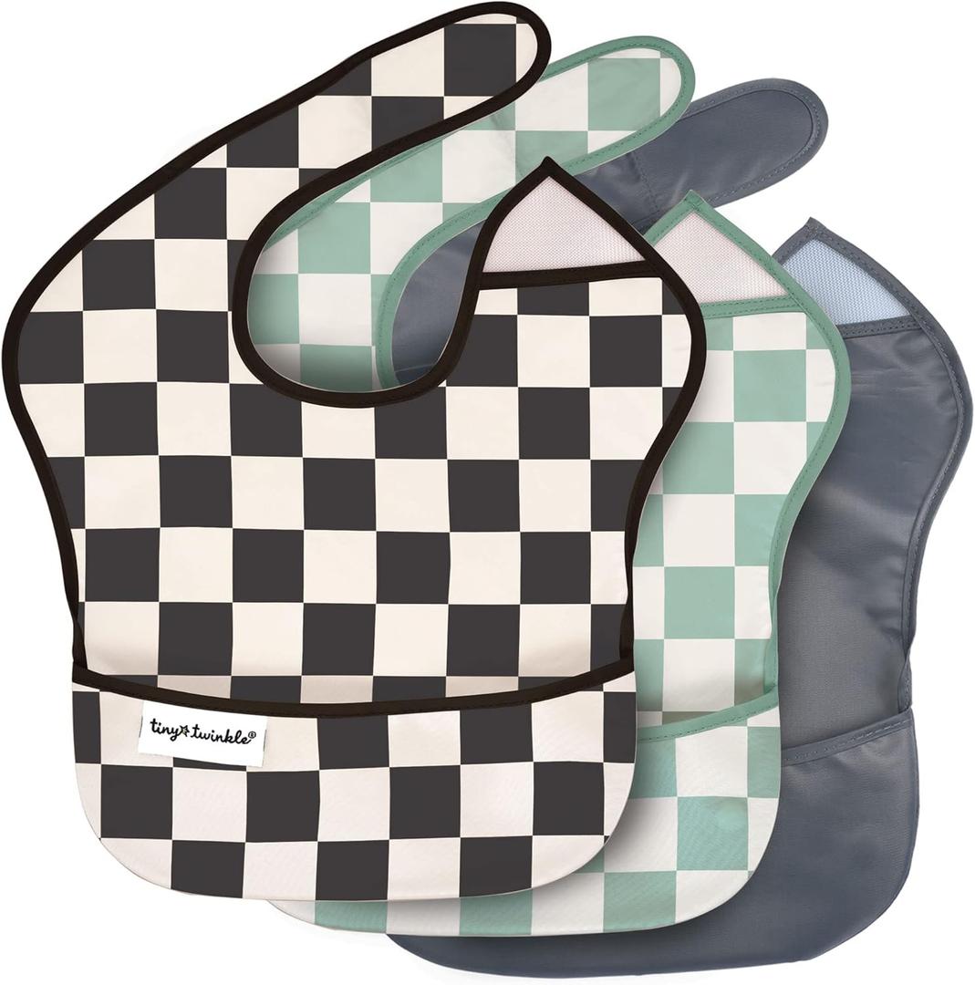 Tiny Twinkle Mess-Proof Baby Bib - Waterproof Bib for Baby Boy or Girl - PFAS, PVC, BPA, Phthalate Free - Baby Food Bibs (3 Pack, 3-pack Checkers Boy)