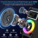 JYX Karaoke Machine with 2 Wireless Mics, 10" Woofer 500W Peak Power Big Portable Bluetooth Speaker with Bass/Treble Adjustment, PA System with Remote Control, LED Lights, Rolling Wheels and Trolley
