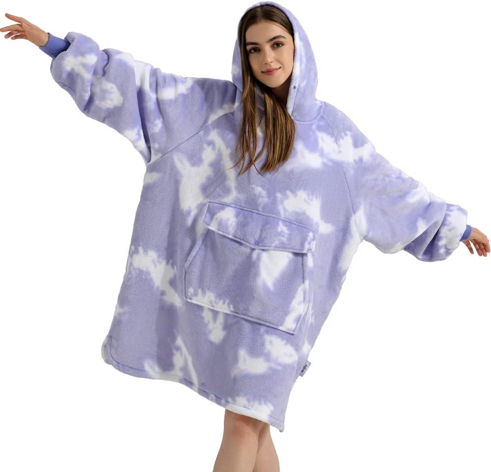 Krifey Wearable Blanket Hoodie, Oversized Sherpa Fleece Sweatshirt with Giant Pocket, Birthday Gifts for Women, Mom, Sister, Purple Cloud, One Size