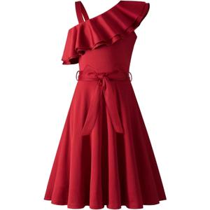 Arshiner Girls Dress One Shoulder Formal Ruffle Trim Birthday Party Dresses with Belted Pockets for 5-12 Years (7-8 Years, Red)