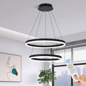 2-Rings Modern LED Chandelier Black for Dining Room, Dimmable Pendant Lighting with Remote Control Circular Flush Mount High Ceiling Light for Bedroom Living Room Foyer, 3000K-6500K