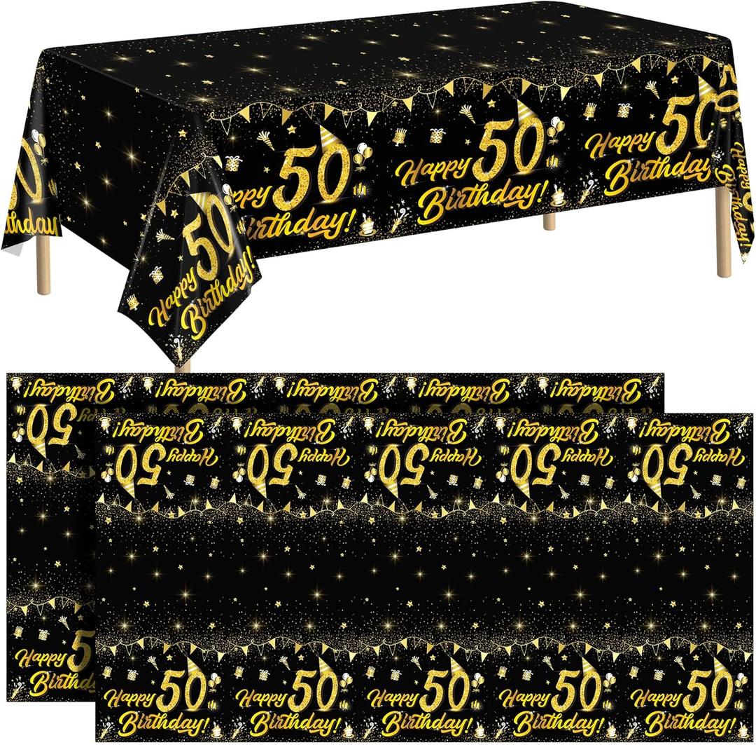 durony 2 Pack 50th Birthday Tablecloth Table Cover Plastic Black Gold Happy Tablecloth Waterproof Rectangular Table Cloth Cover for Indoor or Outdoor Parties Birthday