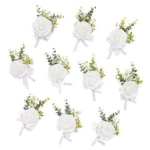 TINGE TIME Boutonniere for Men Wedding,Groom and Best Man Boutonniere for Wedding Ceremony Anniversary, Formal Dinner Party and Rustic Spring Wedding Marriage (10, Virginal White)