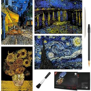 4-Sheet Van Gogh Rainbow Scratch Art Set for Adults & Teens, A4 Art Boards
Engraving Boards with Cafe Terrace, Sunflowers & Starry Night Scenes, 2 Pens & Brush for Guided Crafts, Gifts and Display